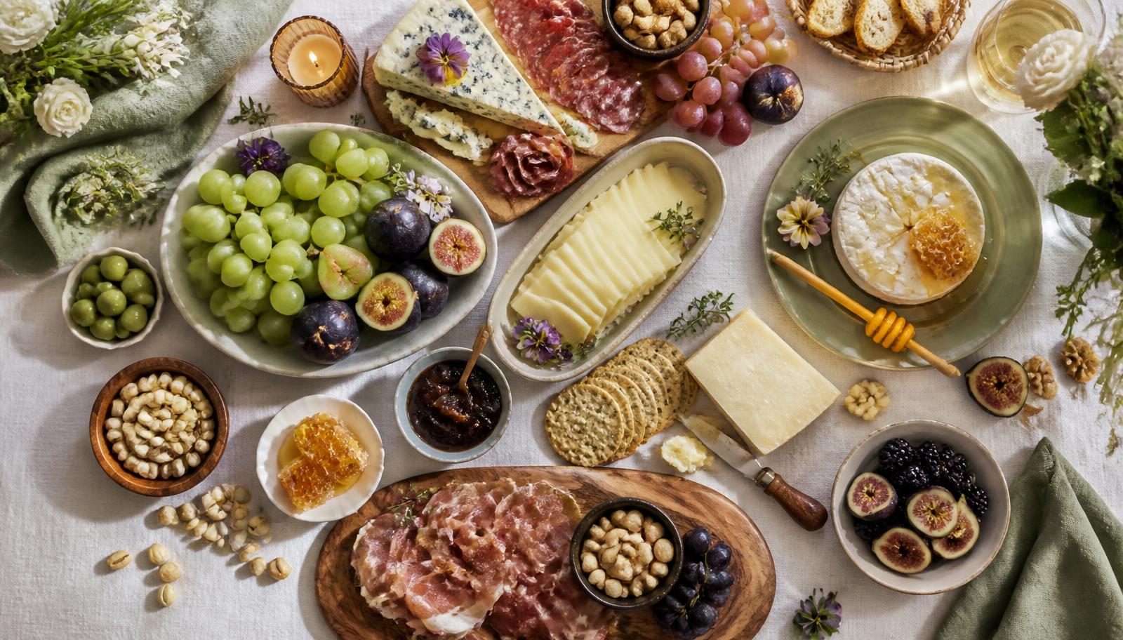 An elegant grazing table with artisan cheeses, cured meats, fresh fruits, and honeycomb